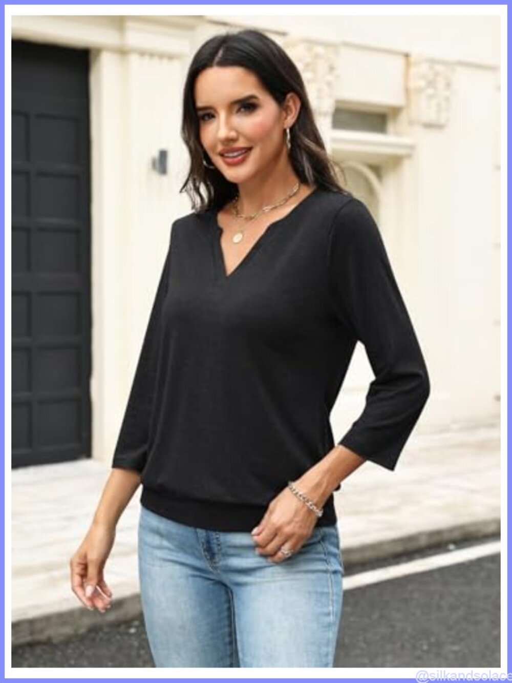 Womens 3/4 Sleeve Banded Bottom V Neck Casual T-Shirt Blouse - Picture 5 of 6